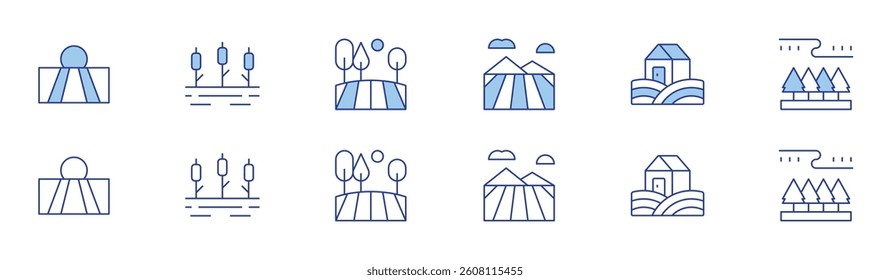 Rural icon set in two styles, Duotone and Thin Line style. Editable stroke. field, lake, farm, taiga.