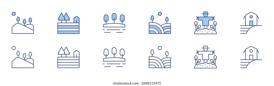 Rural icon set in two styles, Duotone and Thin Line style. Editable stroke. hills, field, scarecrow, lake, farm.