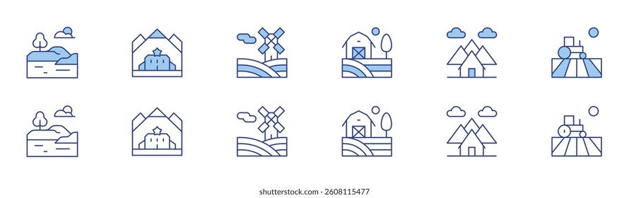 Rural icon set in two styles, Duotone and Thin Line style. Editable stroke. lake, farm, mountain, house, field.