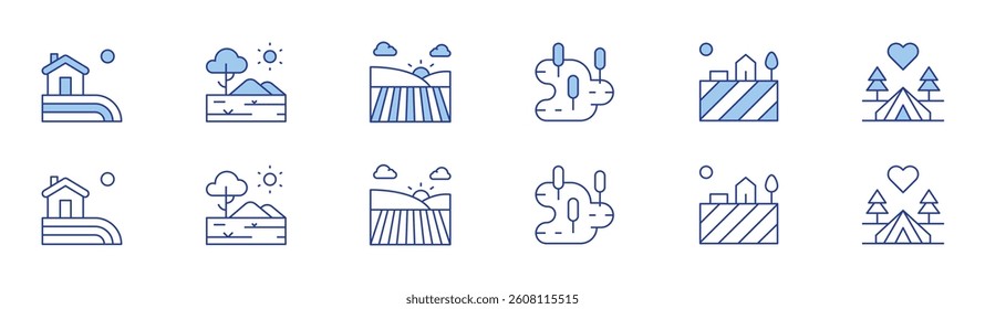 Rural icon set in two styles, Duotone and Thin Line style. Editable stroke. farm house, swamp, savannah, country house, field, love.