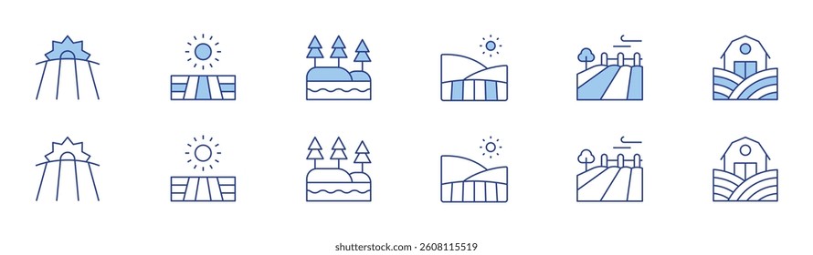 Rural icon set in two styles, Duotone and Thin Line style. Editable stroke. field, taiga, house.