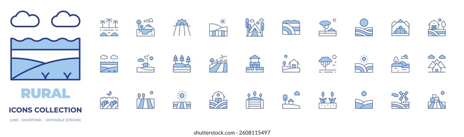 Rural icons collection. Line Duotone style, editable stroke. machair, house, field, tent, farm, swamp, lake, seeding, country, savannah, mountain, rainforest, taiga.