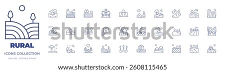Rural icons collection. Thin Line icons, editable stroke. taiga, love, field, savannah, lake, country, swamp, tent, camping tent, picnic, hills, fields, farm, house.