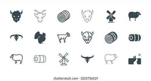 Rural icons. set of 18 editable filled and outline rural icons: hay, bull skull, sheep, turkey, landscape, goat