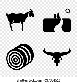 Rural icons set. set of 4 rural filled icons such as hay, bull skull, goat