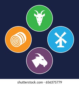 Rural icons set. set of 4 rural filled icons such as hay, goat