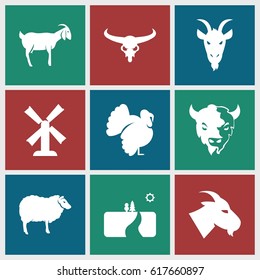 Rural icons set. set of 9 rural filled icons such as bull skull, goat, sheep, turkey, mill