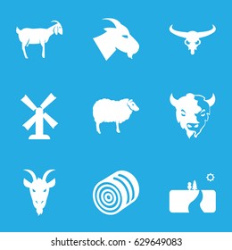 Rural icons set. set of 9 rural filled icons such as hay, bull skull, goat, sheep, mill