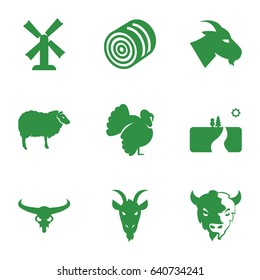 Rural icons set. set of 9 rural filled icons such as hay, bull skull, goat, sheep, turkey, mill
