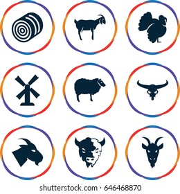 Rural icons set. set of 9 rural filled icons such as hay, bull skull, goat, sheep, turkey