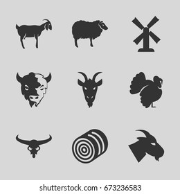 Rural icons set. set of 9 rural filled icons such as hay, bull skull, goat, sheep, turkey