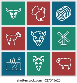 Rural icons set. set of 9 rural outline icons such as bull skull, sheep, goat, turkey, hay, mill