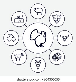 Rural icons set. set of 9 rural outline icons such as bull skull, goat, sheep, turkey, hay