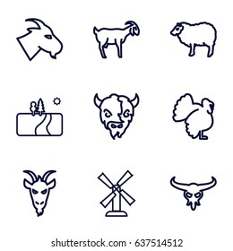 Rural icons set. set of 9 rural outline icons such as bull skull, goat, sheep, turkey, mill