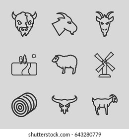 Rural icons set. set of 9 rural outline icons such as bull skull, goat, sheep, hay, mill