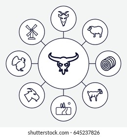 Rural icons set. set of 9 rural outline icons such as bull skull, goat, sheep, turkey, hay, mill