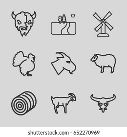 Rural icons set. set of 9 rural outline icons such as bull skull, goat, sheep, turkey, hay, mill