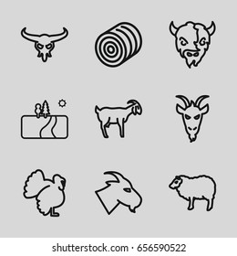Rural icons set. set of 9 rural outline icons such as bull skull, goat, sheep, turkey, hay