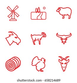 Rural icons set. set of 9 rural outline icons such as bull skull, goat, sheep, turkey, hay, mill
