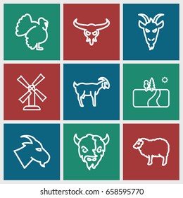 Rural icons set. set of 9 rural outline icons such as bull skull, goat, sheep, turkey, mill