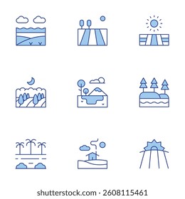 Rural icons set. Line Duotone style, editable stroke. machair, house, field, lake, rainforest, country, taiga.