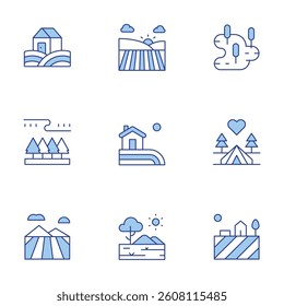 Rural icons set. Line Duotone style, editable stroke. farm, farm house, swamp, field, savannah, country house, taiga, love.