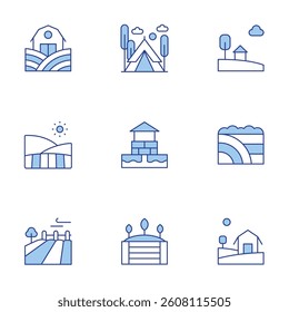 Rural icons set. Line Duotone style, editable stroke. field, tent, farm, seeding, country, house, well.