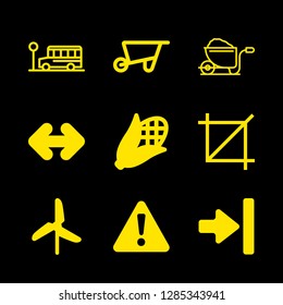 rural icons set with right arrow symbol pointing a vertical line, warning exclamation sign in filled triangle and windmill vector set