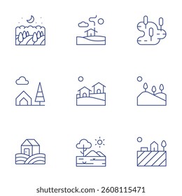 Rural icons set. Thin Line style, editable stroke. field, swamp, savannah, camping tent, hills, house, country house, village.