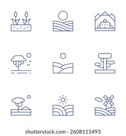 Rural icons set. Thin Line style, editable stroke. swamp, mountain, savannah, farm, field.