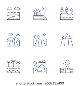 Rural icons set. Thin Line style, editable stroke. machair, taiga, farm, field, rainforest, farm house, country, lake.