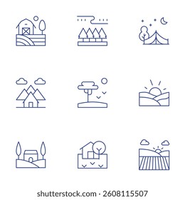 Rural icons set. Thin Line style, editable stroke. taiga, savannah, country, farm, picnic, house, fields, landscape, field.