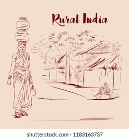 Rural India. Indian Village People Sketch. 
