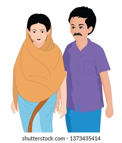 rural Indian family vector illustration. Indian village life - Vector