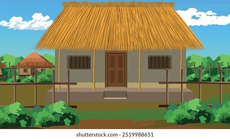 Composto rural da casa da aldeia indiana com uma fenda de bambu da cabana, arbustos tree.village cabana feita de parede de lama e palha telhado vetor de fundo para animação de desenhos animados