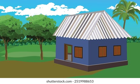 Rural Indian village house compund background. Blue hut with tin shade roof with blue sky and a coconut tree,bushes and trees vector illustration landscape for cartoon animation