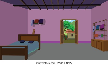 Rural Indian village house interior background.Cozy Traditional Village Room Interior with Open Door View to Nature and Rustic Furniture – Vector Illustration