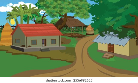 Rural Indian village with huts and cottages and trees.Village background vector 