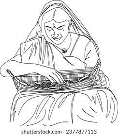 Rural Indian Women Cleaning Wheat Grain - One Line Sketch Drawing Cartoon Illustration, Traditional Indian Women Cleaning Wheat Grain, Cartoon Illustration in Rural Scene