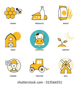 Rural industry vector icons set: apiary, products, wheat, barn, livestock, harvest, farmer, tractor, mill. Modern line style