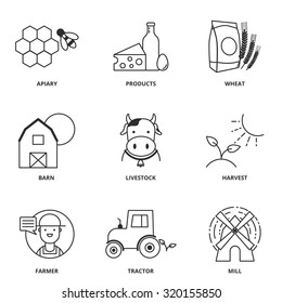 Rural industry vector icons set modern line style