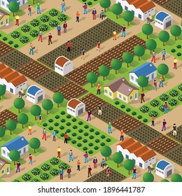 Rural isometric nature ecological farm with beds and structures and people