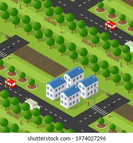 Rural isometric ranch farm with trees fields and garden bed of vegetables and flowers agriculture.