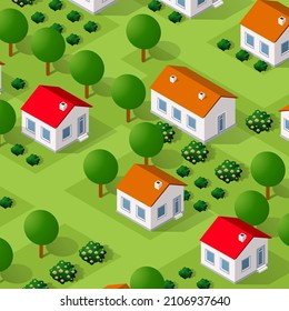 Rural isometric ranch farm with trees fields and garden bed of vegetables and flowers agriculture.