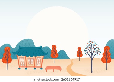 Rural Korean landscape, scene with traditional house hanok, persimmon, autumn trees, road, mountains, full moon. Chuseok background, backdrop, design elements. Hand drawn flat vector illustration