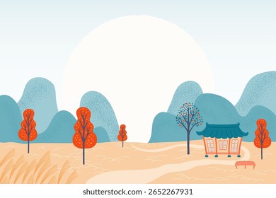 Rural Korean landscape, scene with traditional house hanok, persimmon, autumn trees, road, mountains, full moon. Chuseok background, backdrop, design elements. Hand drawn flat vector illustration