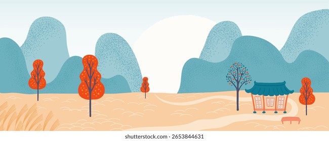 Paisagem rural coreana, cena com hanok casa tradicional, caquis, árvores de outono, estrada, montanhas, lua cheia. Chuseok fundo, fundo, elementos de design. Ilustração de vetor plana desenhada à mão