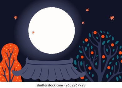 Rural Korean night landscape, scene with traditional house hanok roof, persimmon, autumn trees, leaves, full moon. Chuseok background, backdrop, design elements. Hand drawn flat vector illustration