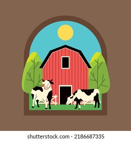 rural label, farm animals and barn