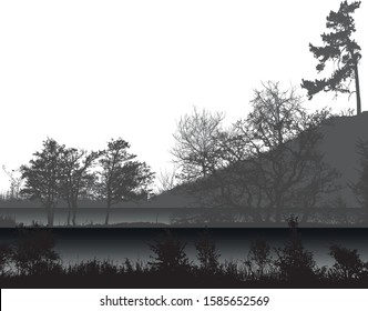 Rural landscape against a backdrop of hills with pine and shrubs. Natural vector landscape with bushes and a hill.